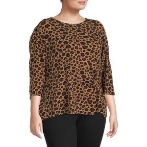 Carmen Marc Valvo 1X Leopard Print 3/4 Sleee Top Brown Tan Ruched Elevated Basic